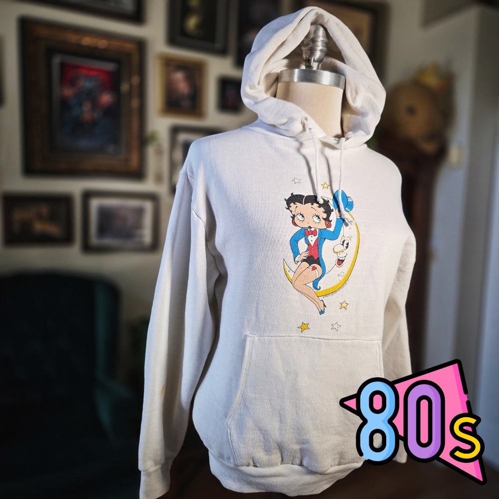 Betty Boop Hoodie Sweatshirt‎ Vintage 1985 White Graphic 80s Retro Medium USA